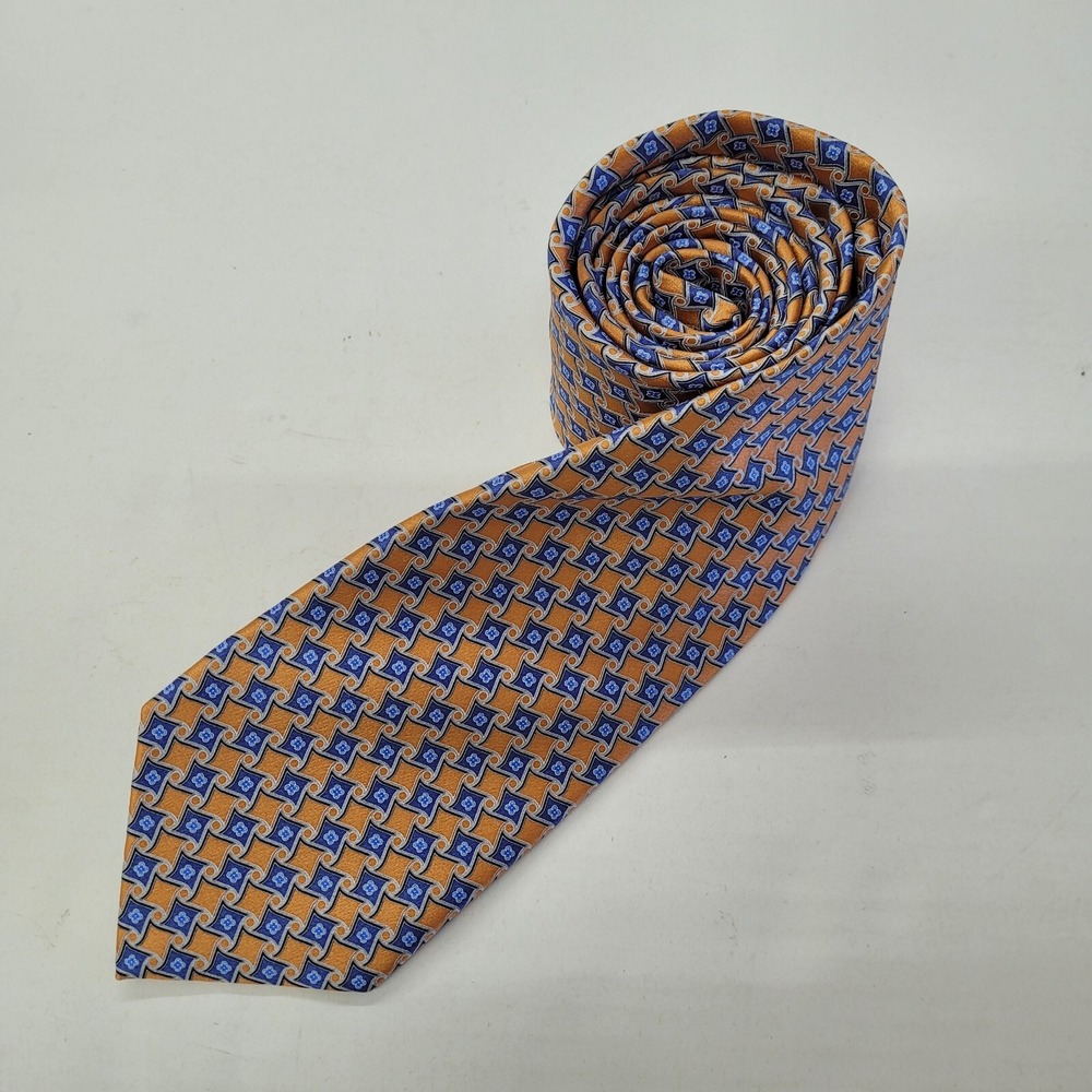 Tasso Elba‎ Mens Tie Silk Geometric Pattern Orange Blue Formal Necktie Office